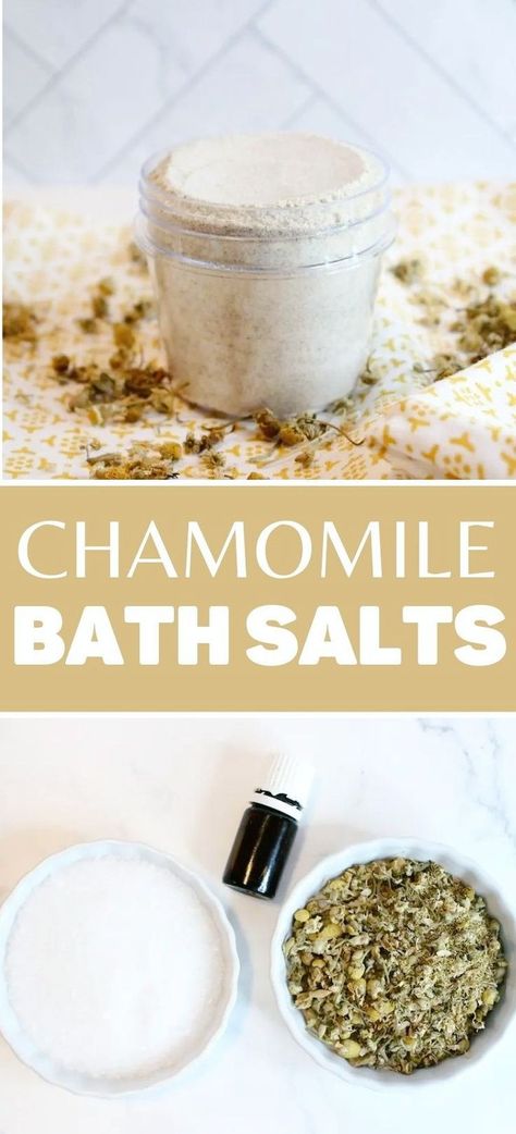 Easy DIY chamomile bath salts recipe with Epsom salt, chamomile flowers, and essential oil for calming, reduce inflammation, and pain relief. Bath And Body Recipes, Bath Benefits, Hair Growth Oils, Bath Salts Recipe, Bath Salts Diy, Benefits Of Essential Oils, Perfume Recipes, Oils For Sleep, Bath Recipes