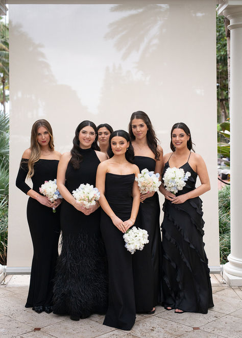 Indulge in the essence of mob wife aesthetics with our stunning collection of black bridesmaid gowns by Galia Lahav. Embrace sophistication and allure with these sleek and luxurious ensembles, perfect for elevating your bridal party's style. Discover timeless designs that exude glamour and sophistication, ensuring an unforgettable wedding day look. Explore our collection now! Black Gown Bridesmaid, All Black Bridesmaid And Groomsmen, Black Maid Of Honor Dresses, Black Different Bridesmaid Dresses, Mob Wife Wedding Aesthetic, All Different Black Bridesmaid Dresses, Black Bridesmaid Dresses With Bride, Black Winter Bridesmaid Dresses, Black Bridal Party Dresses