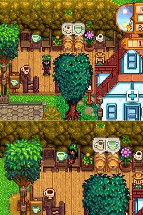 Stardew Valley Coffee Shop, Stardew Valley Tea Saplings, Stardew Valley Pelican Town Decoration, Stardew Crafting Area, Stardew Valley Town Decoration Ideas, Stardew Valley Town Decoration, Stardew Valley Grandpa Shrine, Stardew Valley Town Decor, Harvey Stardew Valley