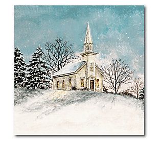 Add a heavenly touch of beauty to your home with this canvas wall art that features a snow-covered church surrounded by wintry trees. From Courtside Market. Watercolor Churches Simple, Painting Churches On Canvas, Painting Churches On Wood, Snowy House Painting, Winter Chapel Painting, Mid Century Painting, Old Churches, Christmas Canvas, Snow Scenes