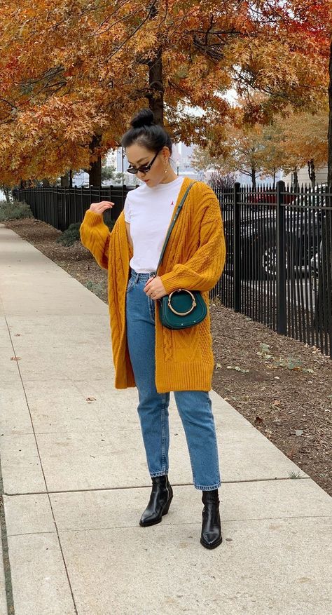 Yellow Cardigan Outfit Fall, Mustard Cardigan Outfit, Yellow Cardigan Outfits, Yellow Shirt Outfit, Mustard Yellow Outfit, Mustard Outfits, Chloe Nile, Mustard Yellow Cardigan, Cardigan Fall Outfit