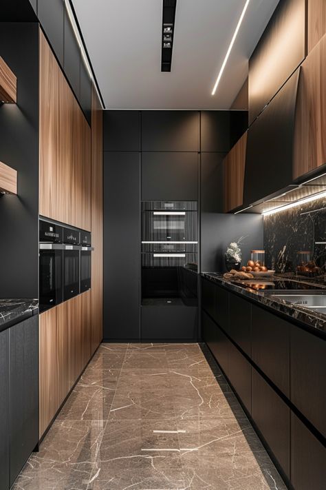 Walnut Kitchen Black Counter, Walnut And Black Kitchen, Black And Wooden Kitchen, Black And Brown Kitchen, Black And Wood Kitchen, Modern Transitional Kitchen, Brown Kitchen Interior, Kitchen Black Counter, Modern Walnut Kitchen