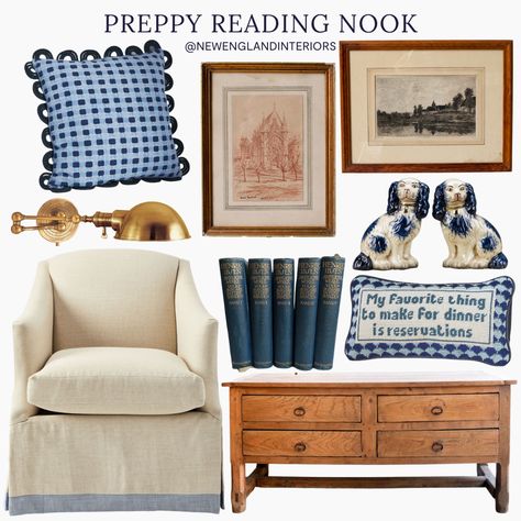 New England Interiors – Preppy Reading Nook – Throw Pillows, Chair, Lighting, Dresser, Wall Art, Decor & Accessories. Preppy Family Room, Cottage Sitting Room Ideas, New England Home Decor, New England Interiors, New England Style Interiors, New England Bedroom, New England Interior Design, Furniture Staging, Colonial New England