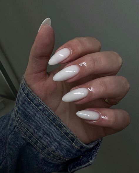 Light Orange Nails Almond, Round Nails Medium Length, White Nails Acrylic Almond, Almond Milky White Nails, Milky Almond Nails, Milky White Almond Nails, Nail Designs For Brides, Almond Nails White, Classy Almond Nails