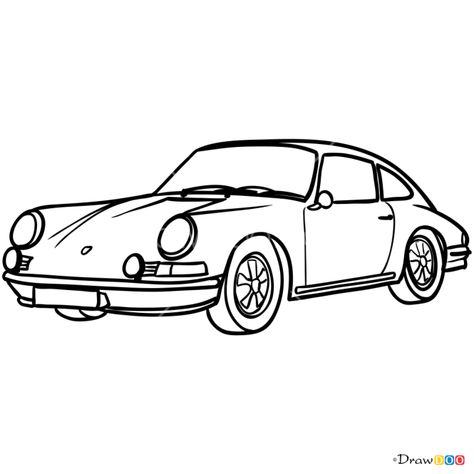 Retro Things To Draw, Simple Car Painting Canvas, 50s Car Drawing, Porsche Logo Drawing, Porshe Drawing Easy, Car Drawing Porsche, How To Draw A Porsche, Vintage Car Drawing Easy, Porche Drawing Car