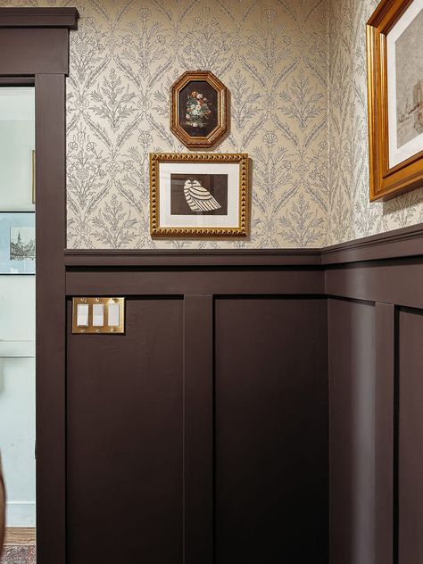 How To Style with Paintable Wallpaper | The Rural Legend Wall Paneling With Wallpaper Above, Wall Paneling And Wallpaper Ideas, Wallpaper With Painted Ceiling, Panelled Wall With Wallpaper, Wall Moulding And Wallpaper, Dark Wainscoting Hallway, Moody Wainscoting Ideas, Half Wallpaper Half Wood Wall, Traditional Style Wallpaper