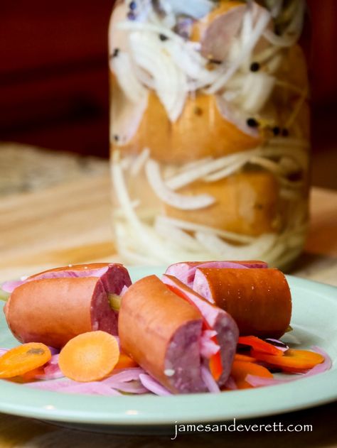 Spicy Pickled Sausage Recipe, Pickled Meat, Pickled Sausage, Sausages Recipe, Basic Brine, Rye Toast, Gluten Free Beer, Kielbasa Sausage, Pickle Recipe