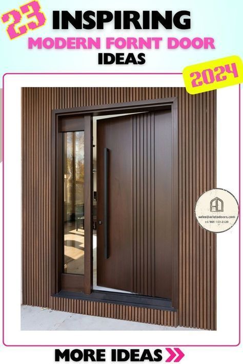 Bold statement dark wood modern front door with a unique vertical handle. Perfect for making a strong impression with a sleek, elegant, and modern design. Ideal for those who want a standout entryway. Modern Doors Exterior Entrance, House Doors Front Entrance, Main Door Design Modern Front Entry, Modern Main Door Design, Main Door Design Modern, Main Door Design Entrance Modern, Modern Main Door, Door Entrance Design, Modern House Entrance