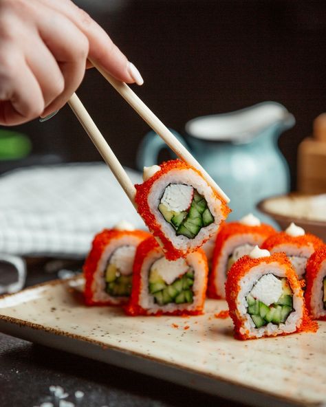 Fresh sushi with red caviar Free Photo | Free Photo #Freepik #freephoto #food #menu #restaurant #sea Sushi Photo, Japanese Food Photography, Japan Street Food, Red Caviar, Food Art Photography, Restaurant Photography, Sushi Roll, Japanese Sushi, Food Concept