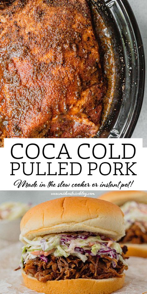 There’s nothing like an easy pulled pork recipe that’s made in a slow cooker or instant pot. This one uses coca cola and is full of smoky, spicy, and sweet flavors. Brown sugar, chili, and coffee combine with spices in a dry rub that is complimented by the sugary sweetness of dark soda. Yum-o! Pulled Pork Coke Crock Pot Recipes, Coke Pulled Pork Slow Cooker, Pork Collar Recipe, Coke Pulled Pork, Homemade Pulled Pork, Easy Pulled Pork Recipe, Homemade Sloppy Joe Recipe, Crock Pot Pulled Pork Recipe, Easy Pulled Pork