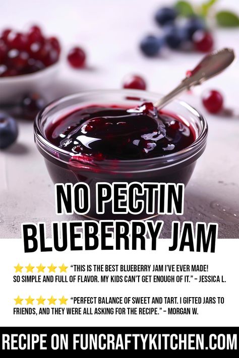 No Pectin Blueberry Jam - FunCraftyKitchen Blueberry Gift Ideas, Blueberry Preserves Recipe Canning, Blueberry Jam Recipe Easy No Pectin, Blueberry Jam From Frozen Blueberries, How To Make Blueberry Jam, Blueberry Jam Recipe Canning, Blueberry Jam Recipe Easy, Blueberry Preserves Recipe, Blueberry Jam No Pectin