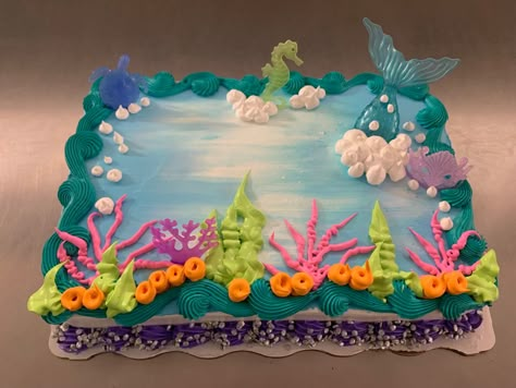 Mermaid Sheet Cake Ideas Under The Sea, Beach Birthday Sheet Cake, Ocean Sheet Cake Ideas, Ariel Sheet Cake, Ocean Sheet Cake, Moana Sheet Cake, Little Mermaid Sheet Cake, Under The Sea Sheet Cake, Mermaid Sheet Cake Ideas