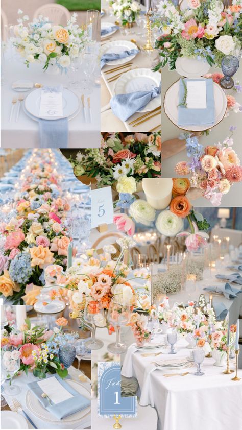 Wedding Color Inspo Spring, White And Pastel Wedding Decor, Colorful Floral Wedding Aisle, Pastel Color Scheme Wedding, Blue Themed Wedding Table Decor, Beachy Floral Wedding, Floral Garden Wedding Theme, Wedding Shower Color Schemes, Muted Colors Wedding