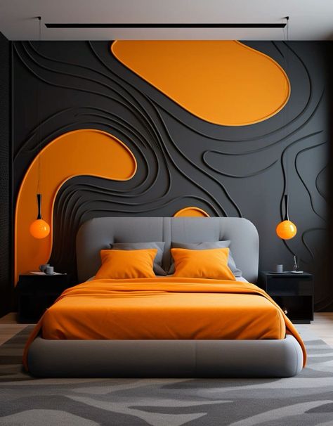 Contemporary Art Deco Interior Bedroom, Orange And Black Bedroom, Gray And Orange Bedroom, Grey And Orange Bedroom, Hotel Mural, Orange Bedroom Ideas, Farmhouse Modern Decor, Home Decor Modern Farmhouse, Modern Boho Living Room