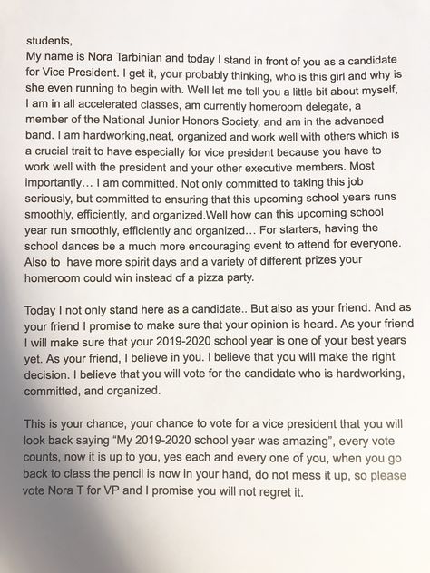 Running for an executive position? Need some guidance or inspiration? Here you go! I ran for Vice President and gave this speech which ended up helping me win the elections! I hope this helps you! Student Goverment Speech, Speech Tips School, Speech For School Prefect, Head Girl Speech For School, Student Council Treasurer Speech Ideas, Good Student Council Speeches, Campaign Speech For Ssg, Speech For Ssg Representative, School Council Speech Ideas