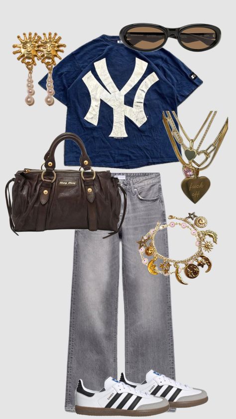 Yankees Shirt Outfit, Yankees Shirt, Mode Zara, Downtown Outfits, Fits Clothes, Ny Yankees, Stockholm Fashion, Swaggy Outfits, The Outfit