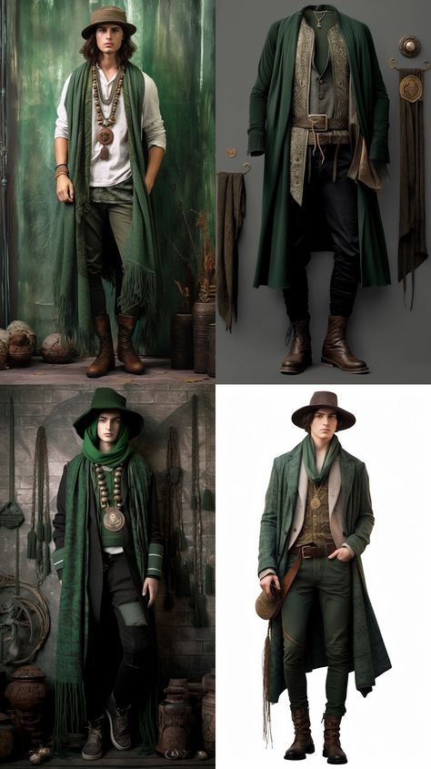 Men Witch Outfit, Fairy Costume For Men, Modern Wizard Fashion Men, Wizard Aesthetic Fashion Male, Green Wizard Aesthetic, Wizardcore Fashion Men, Wizard Cosplay Men, Male Druid Outfit, Wizard Outfits Men