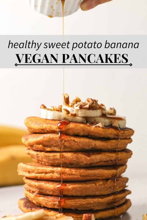 Vegan Gluten-free Sweet Potato Banana Pancakes Leftover Sweet Potatoes, Sweet Potato Pancakes Vegan, Sweet Potato Banana, Gluten Free Sweet Potato, Bear Recipes, Sweet Potato Pancakes, Stuffed Sweet Potato Healthy, Plant Based Breakfast, Gluten Free Sweet