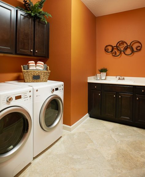 Orange Utility Room, Best Color For Laundry Room Walls, Orange Laundry Room Ideas, Orange Laundry Room, Bright Laundry Room, Organized Laundry, Laundry Room Paint Color, Laundry Room Paint, Laundry Room Colors