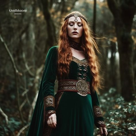 Dress design made for inspiration with ai #elvendress #fairydress #forestcore #forestwedding #celtic #viking #medieval Medieval Maiden Dress, Viking Woman Dress, Norse Dress Woman, Viking Princess Dress, Medieval Queen Costume, Celtic Outfit Medieval, Celtic Style Clothes, Ancient Dress Goddesses, Druid Wedding Dress