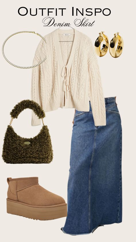 How to style a long denim skirt for fall. Jean skirt outfits fall. Maxi skirt outfit fall. Casual edgy outfit. Fall outfit ideas. Fall outfit inspiration. UGG boots styling ideas. How to wear UGG boots. Cozy fall outfits. #fashion #aesthetic #fallfashion #falloutfit #denim #denimstyle #denimskirt #uggs #uggbootsforwomen #uggseason #uggbootoutfit Denim Maxi Skirt Fall Outfit, Long Denim Skirts Outfit, Long Jean Skirt Outfits Fall 2024, Maxi Skirt And Boots Outfit, Skirt And Uggs Outfits, Fall Jean Skirt Outfits, Long Jean Skirt Outfits Fall, Fall Jean Skirt, Sade Outfits