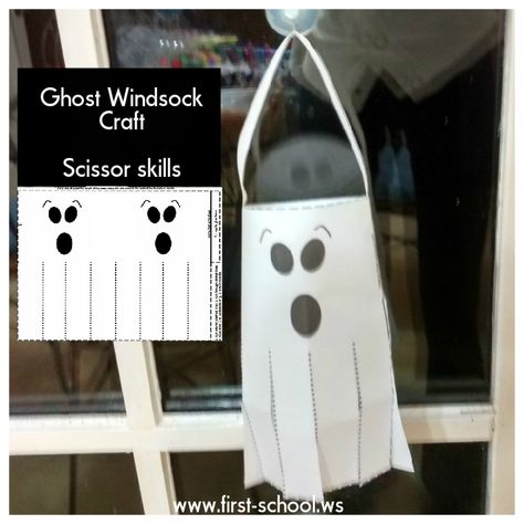 Need an easy craft for scissor skills?  Here it is, a Ghost Mini Windsock!  Happy Halloween! Ghost Windsock Craft, Halloween Scissor Practice Free, Letter G Halloween Crafts, Halloween Windsock Craft For Kids, Fall Windsock Craft For Kids, No Prep Halloween Crafts, Ghost Craft For Preschool, Ghost Theme Preschool, Ghost Activities For Kids