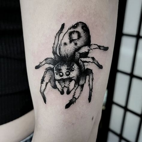 Visit us on Facebook and Instagram at: https://www.facebook.com/modesto.emeraldtattoo https://www.instagram.com/emeraldtattoomodesto/ Wolf Spider Tattoo, Jumping Spider Tattoo, Emerald Tattoo, Wolf Spider, Tattoo Concepts, Spider Tattoo, Jumping Spider, Black And Gray, Drawing Tips