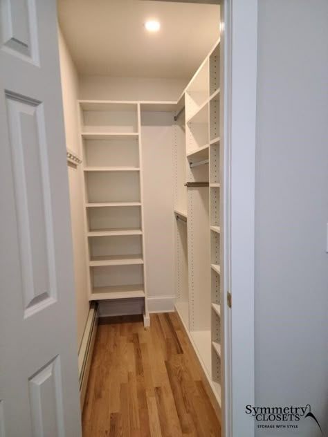 Walk in closet with shelves, hanging and coat hooks. Symmetry Closets, Storage by design Walk In Closet Hallway, Front Door Walk In Closet Ideas Entryway, Coat Closet Layout, Walk In Coat Closet Organization, Small Walk In Closet Renovation, Entryway Walk In Closet, Small Long Walk In Closet, Walk In Cloakroom, Walk In Coat Closet Entryway