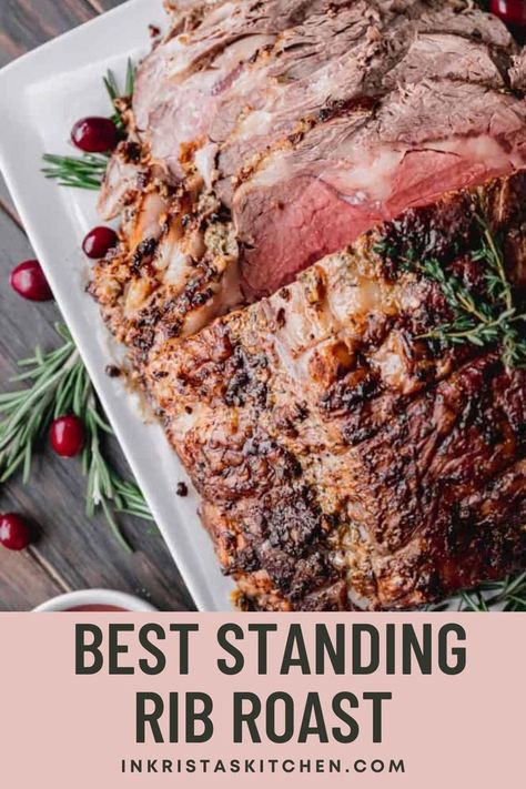 This Standing Rib Roast Recipe will be a family favorite for special occasions and holiday dinners. This mouth-watering recipe features a seared and seasoned roast cooked to a perfect medium rare with a red wine demi-glace over the top. It is a delicious main course meal, and these easy-to-follow steps will help you create a delicious masterpiece that your family and friends will love. Head over to the blog for this roast recipe, it is a must-try for all meat lovers out there! Standing Rib Roast Recipe, Boneless Prime Rib Recipe, Prime Rib Roast Recipe, Rib Roast Recipe, Standing Rib Roast, Garlic Herb Butter, Prime Rib Roast, Quick Appetizers, Rib Roast