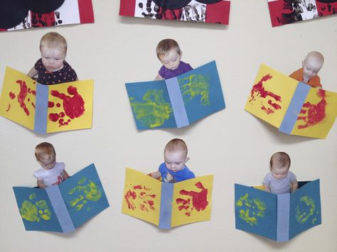 Infant Book art. Handprint on two sheets of colored paper, glue together like book. Use photo of child behind, looking down, and angle the book to look like they're reading. Infant Room Daycare, Infant Toddler Classroom, Infant Crafts, Infant Art, Book Area, Photo Crafts, Toddler Curriculum, Infant Classroom, Classroom Idea