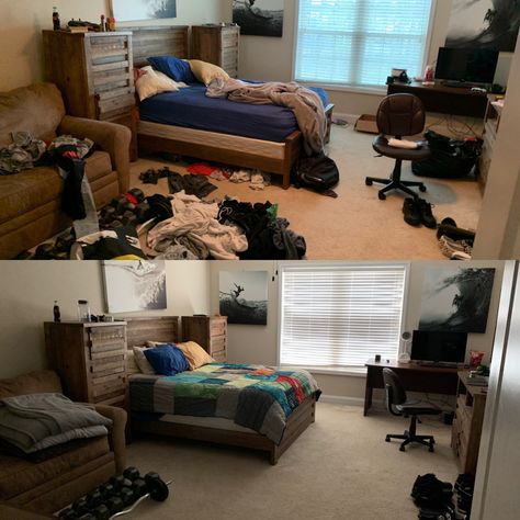 Clean Room Before And After, Boy Room Makeover, Boys Dorm Room, Dirty Room, Teenage Boy Room, Cleaning And Organizing, House Tips, Production Design, Cleaning Business