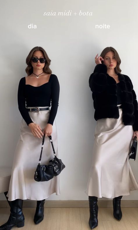 Business Casual Satin Skirt, Elegant Midi Skirt Outfit, Champagne Midi Skirt Outfit, Satin White Skirt Outfit, Champagne Silk Skirt Outfit, Champagne Satin Skirt Outfit, White Silk Skirt Outfit, White Satin Skirt Outfit, White Skirt Black Top