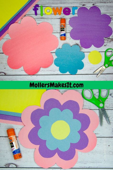 Come make this adorable DIY Flower craft.  All you need is construction paper, scissors,  and glue.  Easily follow the simple step  by step instructions and you will have an adorable Flower in no time.  This paper craft is a great activity for  parents and teachers to make with their kiddos.   Great for when you’re learning about flowers, and the garden!  For more easy DIY crafts visit  MollersMakesIt.com Flower Crafts For Toddlers Easy, Construction Paper Flowers For Kids, Simple Flower Crafts Preschool, Construction Paper Crafts Preschool, Summer Construction Paper Crafts, Flowers Toddler Craft, Simple Construction Paper Crafts, Flower Craft For Toddlers Simple, Construction Paper Crafts For Kids