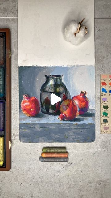 Pomegranate Sketch, Square Sketchbook, Oil Pastel Art, Oil Pastel Drawings, Painting Tutorials, Pastel Drawing, Painting Tutorial, Oil Pastel, Dm Me