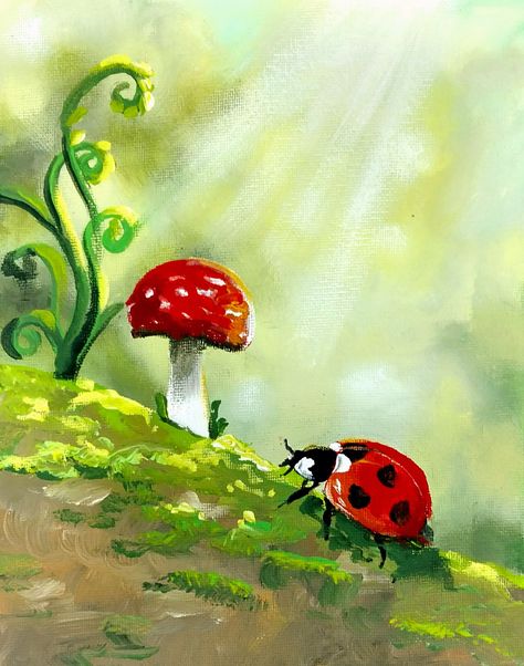 Ladybug Acrylic Painting, Ladybug Painting, Mushrooms Painting, Compassion International, Ladybug Art, Canvas Painting Tutorials, Easy Canvas Art, Oil Pastel Drawings, Canvas Painting Designs