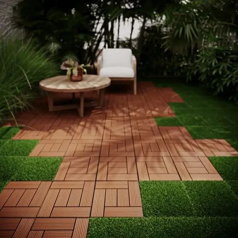 Interlocking Tiles Outdoor, Grass Tiles, Tiles For Outdoor, Deck Tiles Patio, Wood Like Tile, Balcony Tiles, Tiles Inspiration, Wooden Floor Tiles, Hot Tub Patio