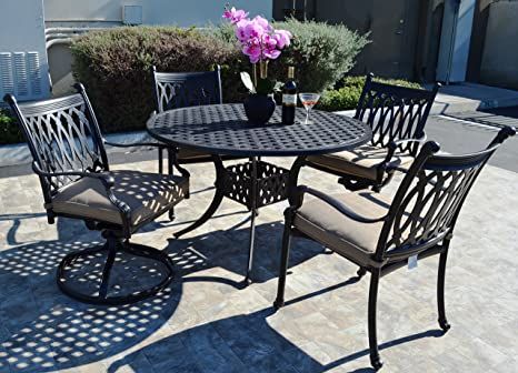 Amazon.com: theWorldofpatio Grand Tuscany Cast Aluminum Powder Coated 5pc Outdoor Patio Dining Set with 48" Round Table with Sunbrella Cushions- Antique Bronze : Patio, Lawn & Garden Swivel Rocker Chair, Outdoor Patio Dining, Relaxing Chair, Living Room Balcony, Sunbrella Cushions, Outdoor Furniture Collections, Patio Dining Set, Furniture Deals, Patio Furniture Sets