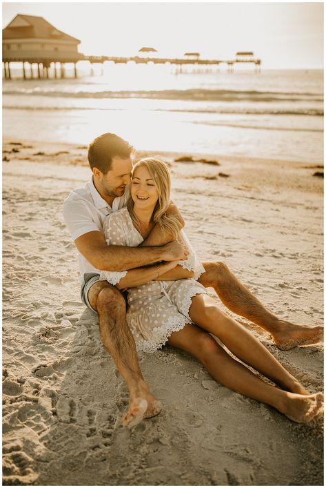 Rainy Beach Engagement Photos, Engagement Photos Dock Water, Beach Water Couple Photoshoot, Clearwater Beach Engagement Photos, Hug Pose, Dreamy Beach Engagement Photos, Bahia Honda State Park, Couple Sitting, Florida State Parks