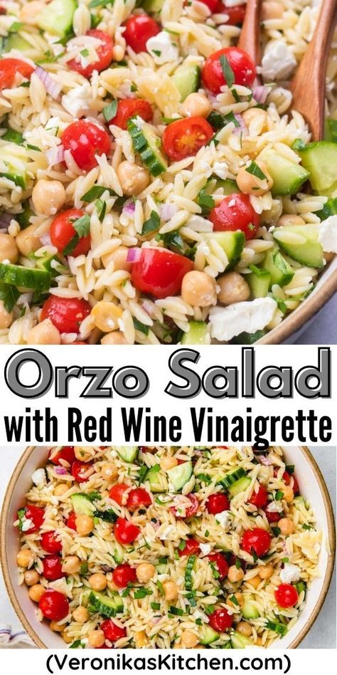 Salad with orzo, cherry tomatoes, cucumbers, chickpeas, and feta cheese. Red Wine Vinegar Pasta Salad, Red Wine Vinaigrette Pasta Salad, Red Wine Vinegar Recipes Dinners, Recipes Using Red Wine Vinegar, Lunch Prep Ideas, Orzo Salads, Orzo Feta, Orzo Pasta Recipes, Mediterranean Pasta Salad