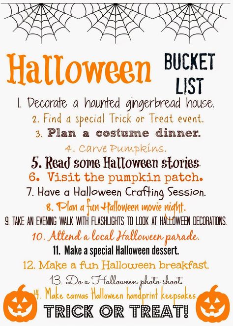 Halloween Bucket List (Free Printable) : The Chirping Moms.  Print this list & check off the fun and easy activities to do with your family as you count down towards Halloween! Things To Do Before Halloween, Things To Do On Halloween Instead Of Trick Or Treating, October Family Activities, Halloween Family Traditions, Count Down Ideas, Things To Do On Halloween, Halloween List, Haunted Gingerbread House, Halloween Bucket List