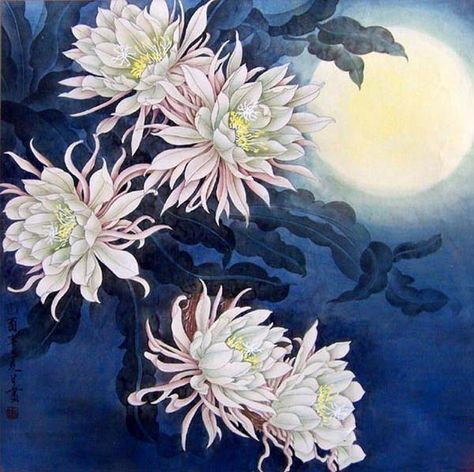 Night Flower Tattoo, Chinese Art Flower, Queen Of The Night Flower, Queen Of The Night, Flower Moon, Night Flowers, Flower Paintings, China Painting, Wing Chun