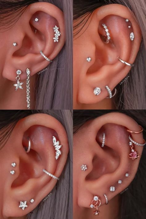 Ear Piercing Combinations, Constellation Piercings, Unique Ear Piercings, Ear Peircings, Ear Piercings Chart, Piercing Chart, Septum Piercing Jewelry, Types Of Ear Piercings, Cool Ear Piercings