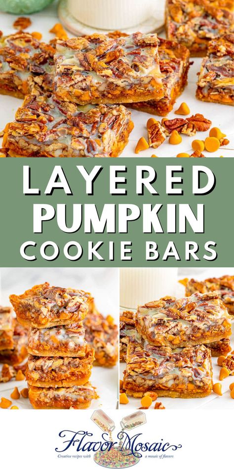 Indulge in these Layered Pumpkin Cookie Bars, a fall dessert sensation that combines a buttery crust with a rich, pumpkin pie filling. Each layer is a sweet surprise: butterscotch chips, crunchy toffee bits, and crunchy pecans, all enveloped in a creamy sweetened condensed milk topping. Baked to perfection, these bars are a festive treat that’s both decadent and irresistible. Perfect for any autumn gathering! Pumpkin Desserts With Sweetened Condensed Milk, Pumpkin Butterscotch Bars, Condensed Milk Pumpkin Recipes, Layer Bars With Sweetened Condensed Milk, Pumpkin And Condensed Milk Recipes, Pumpkin Sweetened Condensed Milk Recipes, Fall Bar Cookies, Uses For Sweetened Condensed Milk, Fall Bars Desserts