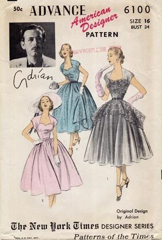 Advance American Designer 6100; ca. 1952; Gilbert Adrian - Formal or Afternoon Dress. Featured in Advance Fashion News, May 1952 and in Advance Patterns Catalog, September 1953 Vintage Fashion Library B32 Complete [insert your photos of this pattern made up] [insert your username, and make sure your preferences allow for people to contact you via e-mail. Do not list your email address here!] Necromnicord 1953 Fashion, Advance Patterns, Sewing Vintage, Patron Vintage, 1950s Dresses, Pulp Novels, Fifties Fashion, Fur Coat Vintage, Vintage Dress Patterns