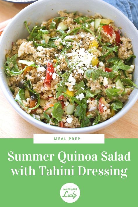 Summer Quinoa Salad with Tahini Dressing - Lake Shore Lady Quinoa Salad Tahini Dressing, Quinoa Salad With Tahini Dressing, Fiber Fueled, Summer Quinoa Salad, Asian Quinoa Salad, Asian Quinoa, Salad With Tahini Dressing, Tofu Chicken, Kale Caesar Salad