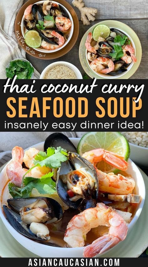 Your palate will be singing when you make this easy, one-pot Thai Coconut Curry Seafood Soup. This seafood soup features the addition of light coconut milk for a creamy coconut broth, making it so healthy too. Skip the take-out and make this insanely delicious and easy Thai dinner recipe at home! #healthyAsianrecipes #healthydinnerrecipe #easythairecipes Easy Thai Coconut Soup, Coconut Curry Shrimp Soup, Best Thai Coconut Soup Allrecipes, Shrimp Curry Soup Coconut Milk, Thai Soup Recipes Coconut, Thai Dinner Recipes, Shrimp Soup Recipes, Coconut Soup Recipes, Easy Thai Recipes