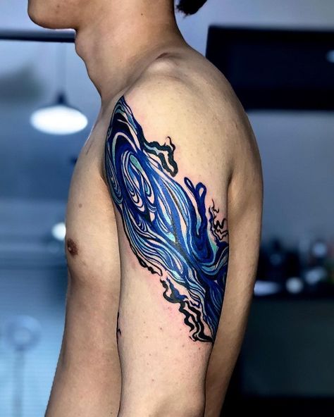 Abstract Owl Tattoo, Swirls Tattoo, Blue Tattoos, Abstract Flower Tattoos, Geometric Arrow Tattoo, Shoulder Cap Tattoo, Swirl Tattoo, Bicep Tattoo Men, Abstract Art Tattoo