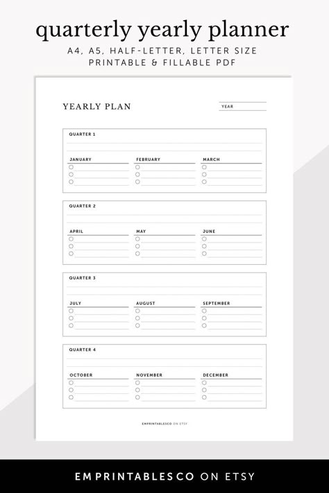 Quarterly Yearly Planner - Instant Download  
Digital, Fillable & Printable Planner

This printable planner features a yearly overview with 4 main sections for each yearly quarter. Within each section, there's a checklist for each month. Use it for your yearly reflection or set yearly goals. Printable Meal Planner Monthly, Motivational Qoute, Yearly Reflection, Planner Template Canva, Create A Digital Planner, Yearly Planner Printable, Canva Planner, Quarterly Planner, Vision Board Planner