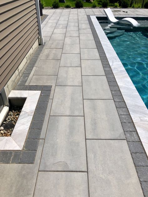 Pool Deck Ideas Inground Pavers, Grotto Backyard, Pool Patio Pavers, Paver Pool Deck, Pool Deck Ideas Inground, Tile Patio, Outdoor Tile Patio, Pavers Design, Pool Paving