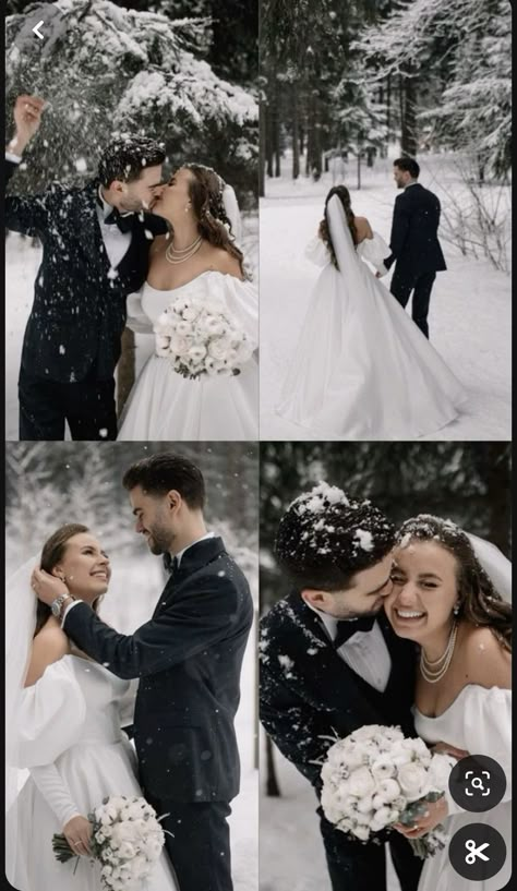 Winter Wedding Cover Up, Wedding Winter Photos, Winter Wedding Photography Outdoor, Winter Wedding Party Photos, Wedding Snow Pictures, Christmas Wedding Photo Ideas, Wedding Photography Winter, Winter Wedding Aesthetic Green, Snowy Wedding Pictures